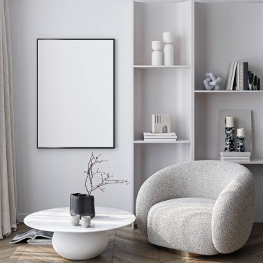 Modern bir oturma odasının içinde poster modeli. ISO 'lu çerçeve modeli. Kağıt boyutunda. 3B illüstrasyon.