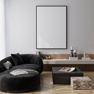 Modern bir oturma odasının içinde poster modeli. ISO 'lu çerçeve modeli. Kağıt boyutunda. 3B illüstrasyon.