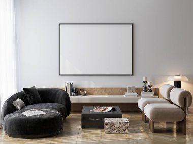 Modern bir oturma odasının içinde poster modeli. ISO 'lu çerçeve modeli. Kağıt boyutunda. 3B illüstrasyon.