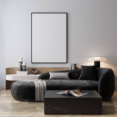 Modern bir oturma odasının içinde poster modeli. ISO 'lu çerçeve modeli. Kağıt boyutunda. 3B illüstrasyon.