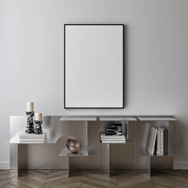 Modern bir oturma odasının içinde poster modeli. ISO 'lu çerçeve modeli. Kağıt boyutunda. 3B illüstrasyon.