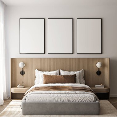 Modern bir oturma odasının içinde poster modeli. ISO 'lu çerçeve modeli. Kağıt boyutunda. 3B illüstrasyon.