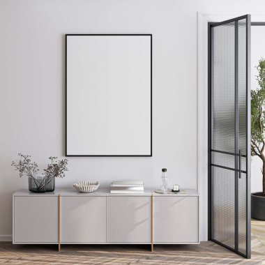 Modern bir oturma odasının içinde poster modeli. ISO 'lu çerçeve modeli. Kağıt boyutunda. 3B illüstrasyon.