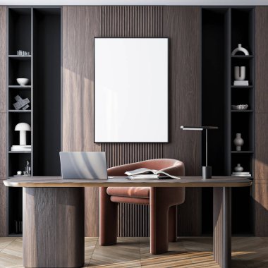 Modern bir ev ofisinin iç mekânında poster modeli. ISO 'lu çerçeve modeli. Kağıt boyutunda. 3B illüstrasyon.