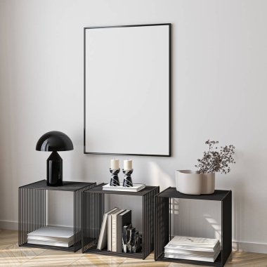 Çerçeve modeli, ISO. Kağıt boyutunda. Oturma odasının poster modeli. Evin arka planına sahip iç modeller. Modern iç tasarım. 3 Boyutlu Hazırlama