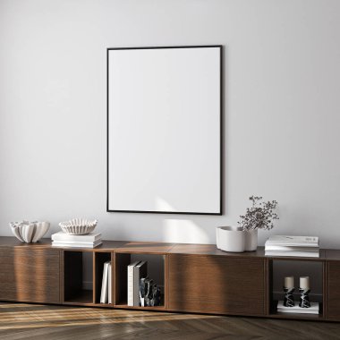 Çerçeve modeli, ISO. Kağıt boyutunda. Oturma odasının poster modeli. Evin arka planına sahip iç modeller. Modern iç tasarım. 3 Boyutlu Hazırlama