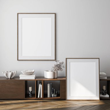 Çerçeve modeli, ISO. Kağıt boyutunda. Oturma odasının poster modeli. Evin arka planına sahip iç modeller. Modern iç tasarım. 3 Boyutlu Hazırlama