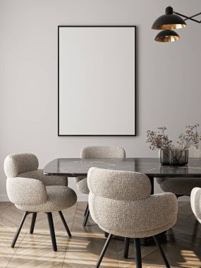 Çerçeve modeli, ISO. Kağıt boyutunda. Oturma odasının poster modeli. Evin arka planına sahip iç modeller. Modern iç tasarım. 3 Boyutlu Hazırlama