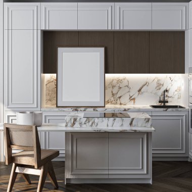 Modern bir mutfak içerisindeki poster modeli. ISO 'lu çerçeve modeli. Kağıt boyutunda. 3B illüstrasyon.