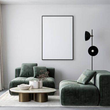 Çerçeve modeli, ISO. Kağıt boyutunda. Oturma odasının poster modeli. Evin arka planına sahip iç modeller. Modern iç tasarım. 3 Boyutlu Hazırlama