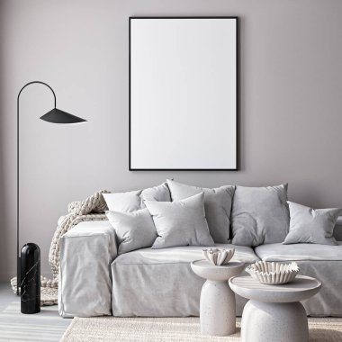 Çerçeve modeli, ISO. Kağıt boyutunda. Oturma odasının poster modeli. Evin arka planına sahip iç modeller. Modern iç tasarım. 3 Boyutlu Hazırlama