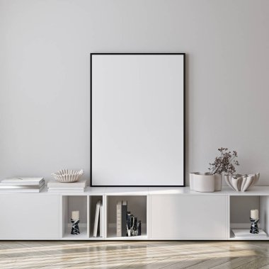 Çerçeve modeli, ISO. Kağıt boyutunda. Oturma odasının poster modeli. Evin arka planına sahip iç modeller. Modern iç tasarım. 3 Boyutlu Hazırlama