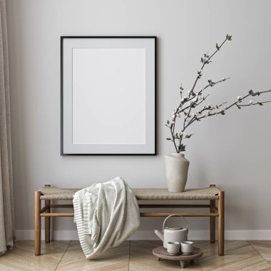 Çerçeve modeli, ISO. Kağıt boyutunda. Oturma odasının poster modeli. Evin arka planına sahip iç modeller. Modern iç tasarım. 3 Boyutlu Hazırlama