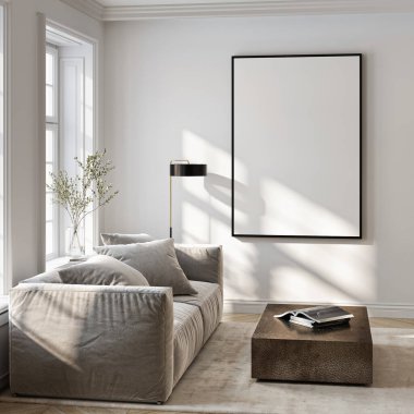 Çerçeve modeli, ISO. Kağıt boyutunda. Oturma odasının poster modeli. Evin arka planına sahip iç modeller. Modern iç tasarım. 3 Boyutlu Hazırlama