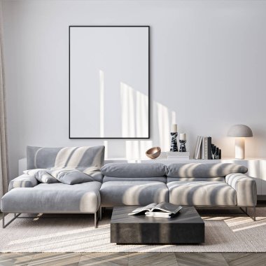 Çerçeve modeli, ISO. Kağıt boyutunda. Oturma odasının poster modeli. Evin arka planına sahip iç modeller. Modern iç tasarım. 3 Boyutlu Hazırlama