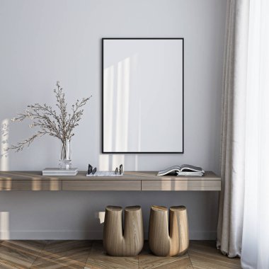 Çerçeve modeli, ISO. Kağıt boyutunda. Oturma odasının poster modeli. Evin arka planına sahip iç modeller. Modern iç tasarım. 3 Boyutlu Hazırlama