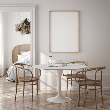 Çerçeve modeli, ISO. Kağıt boyutunda. Oturma odasının poster modeli. Evin arka planına sahip iç modeller. Modern iç tasarım. 3 Boyutlu Hazırlama