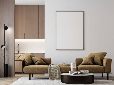 Çerçeve modeli, ISO. Kağıt boyutunda. Oturma odasının poster modeli. Evin arka planına sahip iç modeller. Modern iç tasarım. 3 Boyutlu Hazırlama