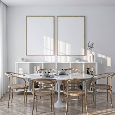 Çerçeve modeli, ISO. Kağıt boyutunda. Oturma odasının poster modeli. Evin arka planına sahip iç modeller. Modern iç tasarım. 3 Boyutlu Hazırlama