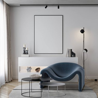 Çerçeve modeli, ISO. Kağıt boyutunda. Oturma odasının poster modeli. Evin arka planına sahip iç modeller. Modern iç tasarım. 3 Boyutlu Hazırlama