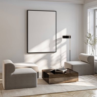 Çerçeve modeli, ISO. Kağıt boyutunda. Oturma odasının poster modeli. Evin arka planına sahip iç modeller. Modern iç tasarım. 3 Boyutlu Hazırlama