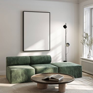 Çerçeve modeli, ISO. Kağıt boyutunda. Oturma odasının poster modeli. Evin arka planına sahip iç modeller. Modern iç tasarım. 3 Boyutlu Hazırlama