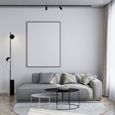 Çerçeve modeli, ISO. Kağıt boyutunda. Oturma odasının poster modeli. Evin arka planına sahip iç modeller. Modern iç tasarım. 3 Boyutlu Hazırlama