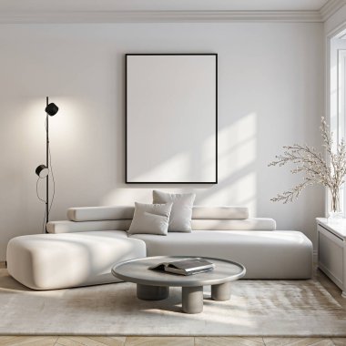 Modern bir oturma odasının içinde poster modeli. ISO 'lu çerçeve modeli. Kağıt boyutunda. 3B illüstrasyon.