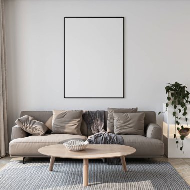 Modern bir oturma odasının içinde poster modeli. ISO 'lu çerçeve modeli. Kağıt boyutunda. 3B illüstrasyon.