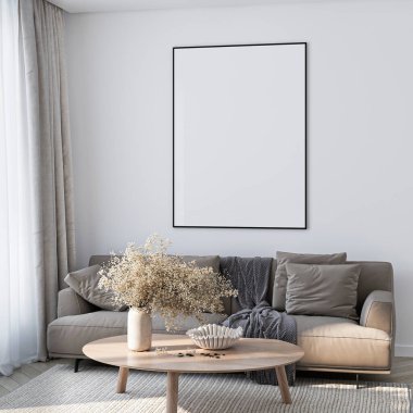 Modern bir oturma odasının içinde poster modeli. ISO 'lu çerçeve modeli. Kağıt boyutunda. 3B illüstrasyon.