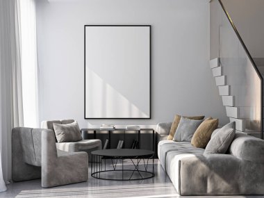 Modern bir oturma odasının içinde poster modeli. ISO 'lu çerçeve modeli. Kağıt boyutunda. 3B illüstrasyon.