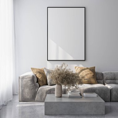 Modern bir oturma odasının içinde poster modeli. ISO 'lu çerçeve modeli. Kağıt boyutunda. 3B illüstrasyon.