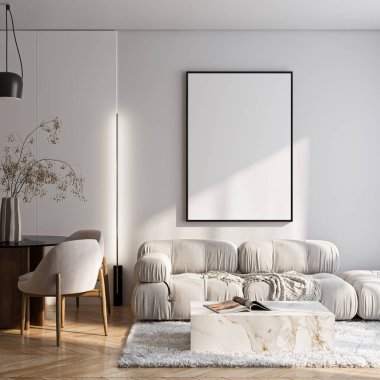 Modern bir oturma odasının içinde poster modeli. ISO 'lu çerçeve modeli. Kağıt boyutunda. 3B illüstrasyon.