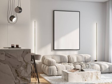 Modern bir oturma odasının içinde poster modeli. ISO 'lu çerçeve modeli. Kağıt boyutunda. 3B illüstrasyon.