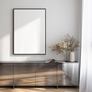 Çerçeve modeli, ISO. Kağıt boyutunda. Oturma odasının poster modeli. Evin arka planına sahip iç modeller. Modern iç tasarım. 3 Boyutlu Hazırlama