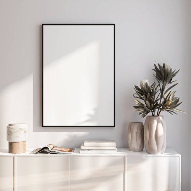 Çerçeve modeli, ISO. Kağıt boyutunda. Oturma odasının poster modeli. Evin arka planına sahip iç modeller. Modern iç tasarım. 3 Boyutlu Hazırlama