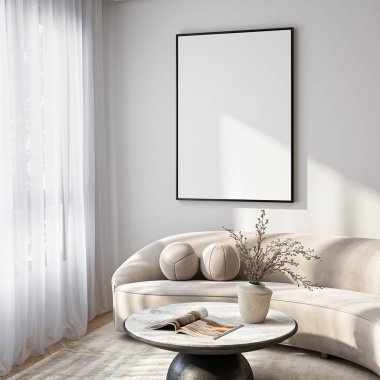 Çerçeve modeli, ISO. Kağıt boyutunda. Oturma odasının poster modeli. Evin arka planına sahip iç modeller. Modern iç tasarım. 3 Boyutlu Hazırlama