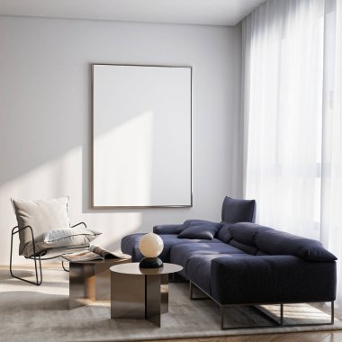 Çerçeve modeli, ISO. Kağıt boyutunda. Oturma odasının poster modeli. Evin arka planına sahip iç modeller. Modern iç tasarım. 3 Boyutlu Hazırlama