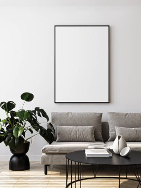 Modern bir oturma odasının içinde poster modeli. ISO 'lu çerçeve modeli. Kağıt boyutunda. 3B illüstrasyon.