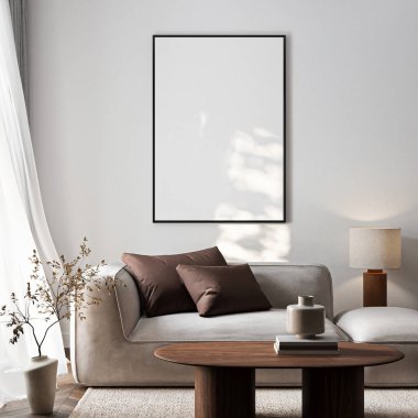 Çerçeve modeli, ISO. Kağıt boyutunda. Oturma odasının poster modeli. Evin arka planına sahip iç modeller. Modern iç tasarım. 3 Boyutlu Hazırlama