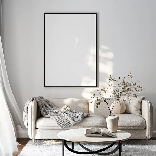 Çerçeve modeli, ISO. Kağıt boyutunda. Oturma odasının poster modeli. Evin arka planına sahip iç modeller. Modern iç tasarım. 3 Boyutlu Hazırlama