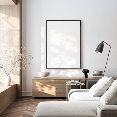 Çerçeve modeli, ISO. Kağıt boyutunda. Oturma odasının poster modeli. Evin arka planına sahip iç modeller. Modern iç tasarım. 3 Boyutlu Hazırlama