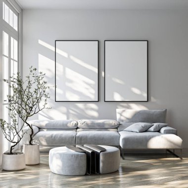 Çerçeve modeli, ISO. Kağıt boyutunda. Oturma odasının poster modeli. Evin arka planına sahip iç modeller. Modern iç tasarım. 3 Boyutlu Hazırlama