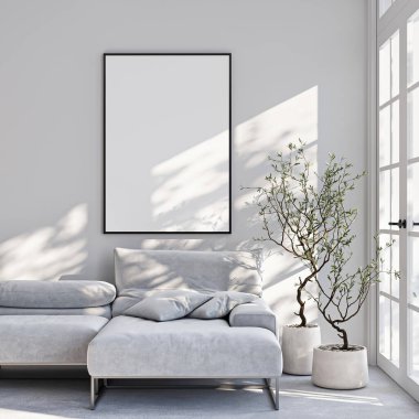 Çerçeve modeli, ISO. Kağıt boyutunda. Oturma odasının poster modeli. Evin arka planına sahip iç modeller. Modern iç tasarım. 3 Boyutlu Hazırlama