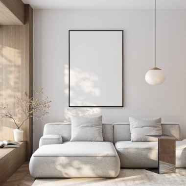 Çerçeve modeli, ISO. Kağıt boyutunda. Oturma odasının poster modeli. Evin arka planına sahip iç modeller. Modern iç tasarım. 3 Boyutlu Hazırlama