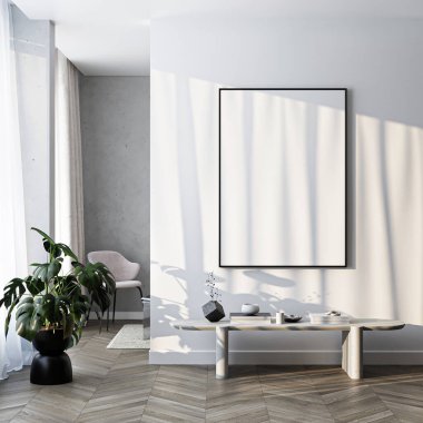 Çerçeve modeli, ISO. Kağıt boyutunda. Oturma odasının poster modeli. Evin arka planına sahip iç modeller. Modern iç tasarım. 3 Boyutlu Hazırlama