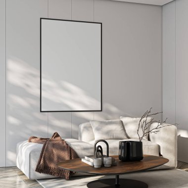 Çerçeve modeli, ISO. Kağıt boyutunda. Oturma odasının poster modeli. Evin arka planına sahip iç modeller. Modern iç tasarım. 3 Boyutlu Hazırlama