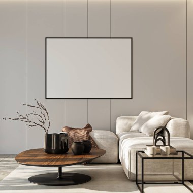 Çerçeve modeli, ISO. Kağıt boyutunda. Oturma odasının poster modeli. Evin arka planına sahip iç modeller. Modern iç tasarım. 3 Boyutlu Hazırlama