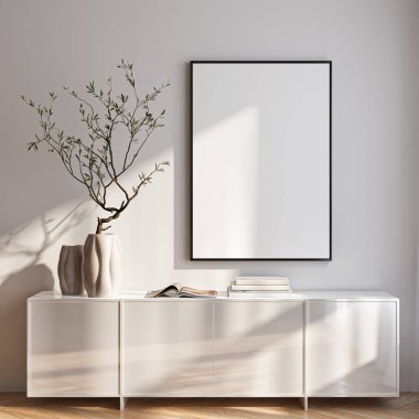 Çerçeve modeli, ISO. Kağıt boyutunda. Oturma odasının poster modeli. Evin arka planına sahip iç modeller. Modern iç tasarım. 3 Boyutlu Hazırlama