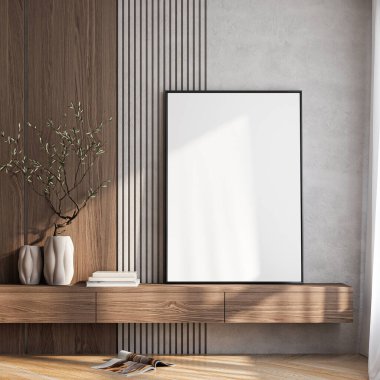 Çerçeve modeli, ISO. Kağıt boyutunda. Oturma odasının poster modeli. Evin arka planına sahip iç modeller. Modern iç tasarım. 3 Boyutlu Hazırlama